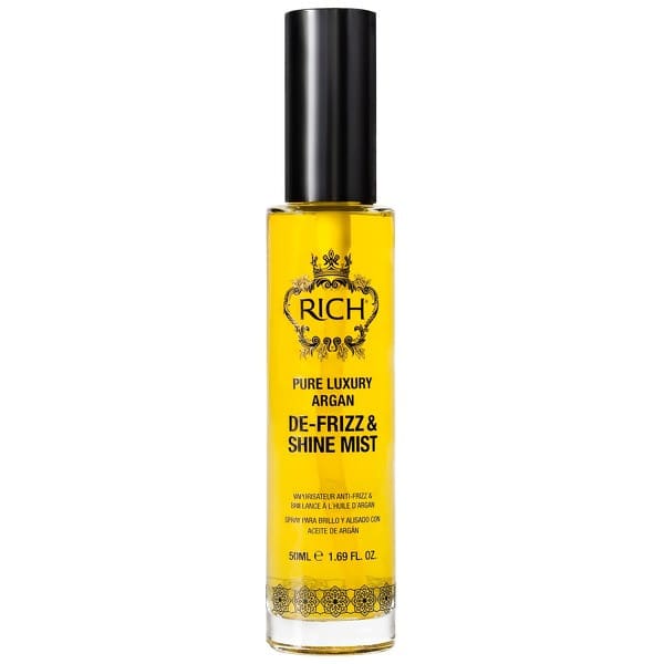 RICH Pure Luxury Argan De-Frizz & Shine Mist 50ml This lightweight styling mist helps to moisturise, reduce frizz, protects against heat and UV damage nd adds shine! To use: spritz onto wet or dry hair and comb through before styling. With argan, almond and linseed oil.RRP: £13.90 allbeauty price: £8.45